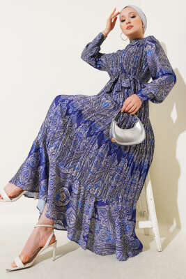 Karışık Desenli Kuşaklı Elbise Lacivert - Tesettür Elbise