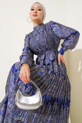 Karışık Desenli Kuşaklı Elbise Lacivert - Tesettür Elbise