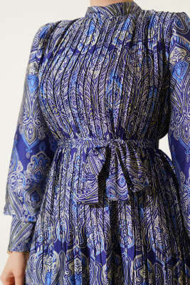 Karışık Desenli Kuşaklı Elbise Lacivert - Tesettür Elbise