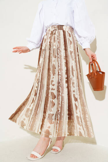 Karışık Desenli Pileli Şifon Etek Bej - Etek