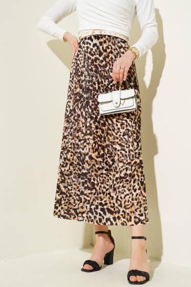 Karışık Desenli Piliseli Etek Hardal - Etek