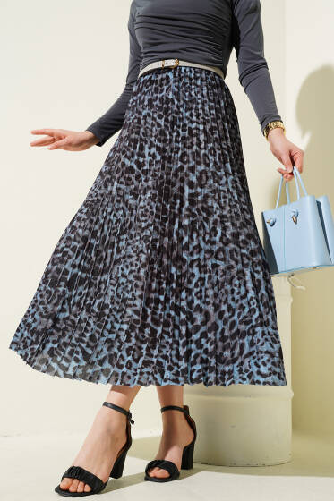 Karışık Desenli Piliseli Etek İndigo - Etek