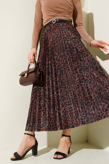 Karışık Desenli Piliseli Etek Kahve - Etek