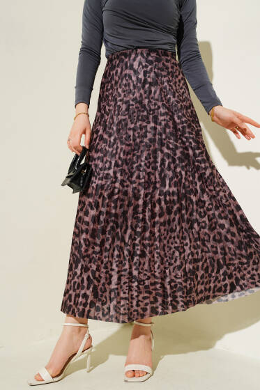 Karışık Desenli Piliseli Etek Kayrak Grisi - Etek