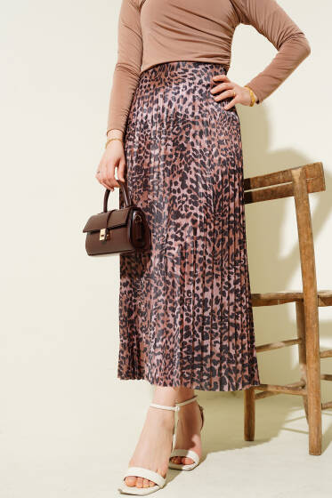 Karışık Desenli Piliseli Etek Taba - Etek