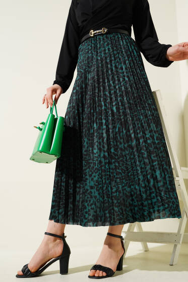 Karışık Desenli Piliseli Etek Zümrüt - Etek