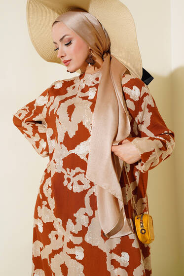 Karışık Desenli Salaş Kat Elbise Kahve - Elbise