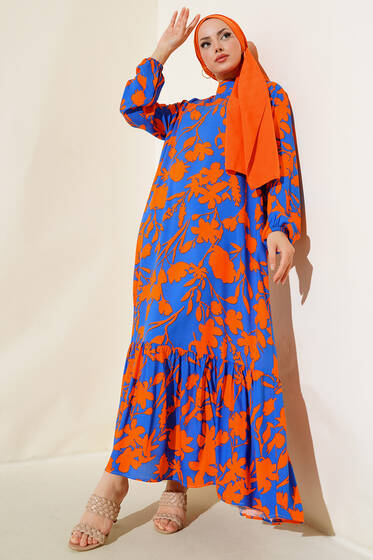 Karışık Desenli Salaş Kat Elbise Mavi - Elbise