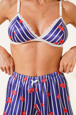 Karışık Desenli Şortlu Saten Gecelik Takım Lacivert - Kadın Pijama Takımı