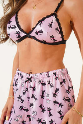 Karışık Desenli Şortlu Saten Gecelik Takım Pembe - Kadın Pijama Takımı