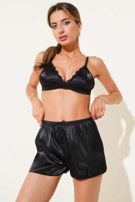 Karışık Desenli Şortlu Saten Gecelik Takım Siyah - Kadın Pijama Takımı