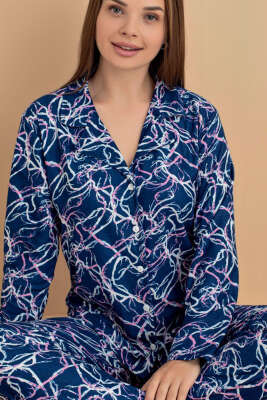 Karışık Desenli Süet Pijama Takımı Lacivert - Pijama
