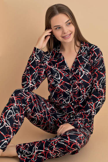 Karışık Desenli Süet Pijama Takımı Siyah Kırmızı - Pijama