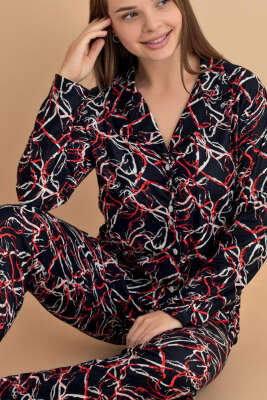 Karışık Desenli Süet Pijama Takımı Siyah Kırmızı - Pijama