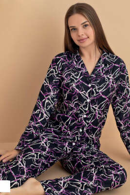 Karışık Desenli Süet Pijama Takımı Siyah Mürdüm - Pijama
