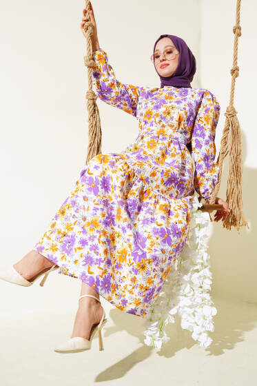 Karışık Desenli Terikoton Elbise Lila - Elbise