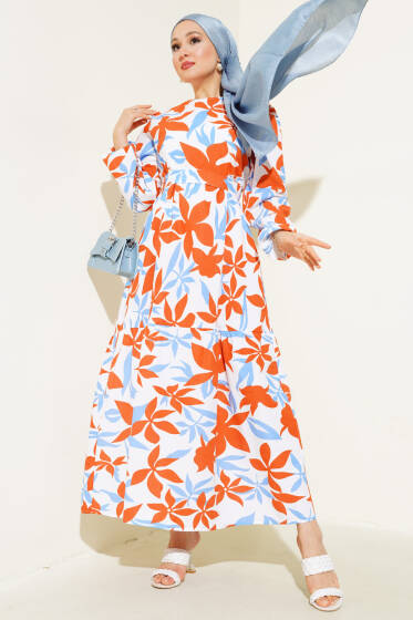 Karışık Desenli Terikoton Elbise Mavi - Elbise