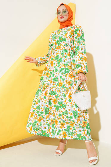 Karışık Desenli Terikoton Elbise Zümrüt - Elbise