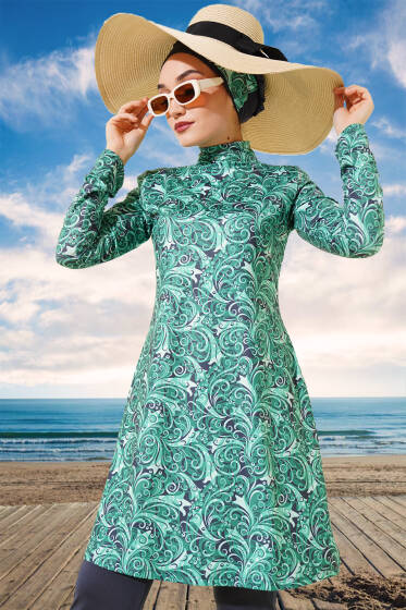 Karışık Desenli Uzun Kol Tesettür Mayo Antrasit - Tesettür Mayo