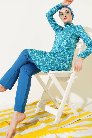 Karışık Desenli Uzun Kol Tesettür Mayo Petrol - Tesettür Mayo