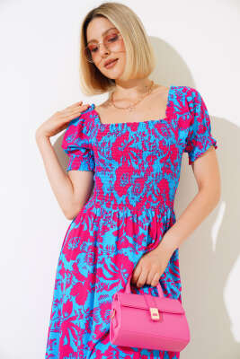 Karışık Desenli Viskon Dokuma Elbise Fuşya Mavi - Kadın Giyim Modelleri