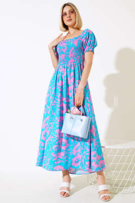 Karışık Desenli Viskon Dokuma Elbise Mint Yeşili Pudra - Kadın Giyim Modelleri