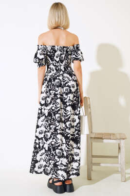 Karışık Desenli Viskon Dokuma Elbise Siyah Beyaz - Kadın Giyim Modelleri