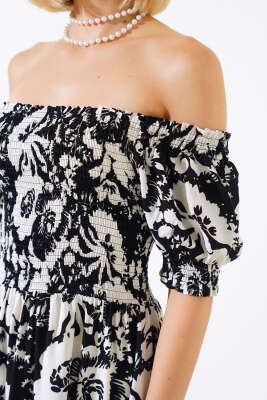 Karışık Desenli Viskon Dokuma Elbise Siyah Beyaz - Kadın Giyim Modelleri