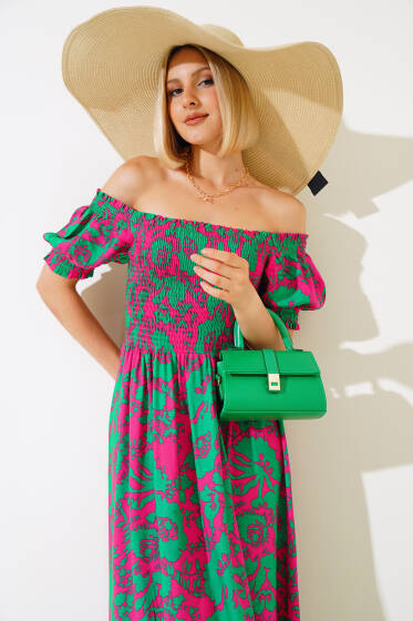 Karışık Desenli Viskon Dokuma Elbise Yeşil Fuşya - Kadın Giyim Modelleri
