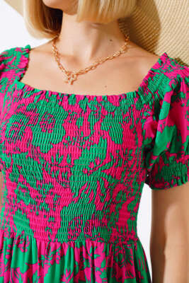 Karışık Desenli Viskon Dokuma Elbise Yeşil Fuşya - Kadın Giyim Modelleri