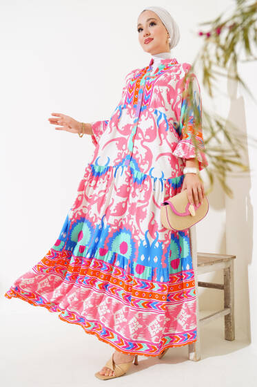 Karışık Desenli Viskon Elbise Gül Kurusu - Elbise