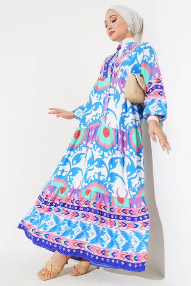 Karışık Desenli Viskon Elbise Mavi - Elbise
