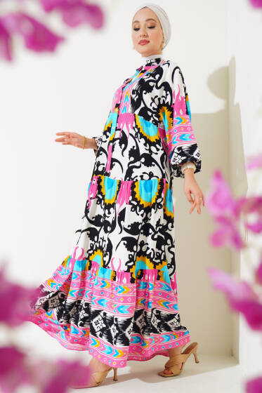 Karışık Desenli Viskon Elbise Siyah - Elbise