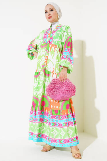 Karışık Desenli Viskon Elbise Yeşil - Elbise