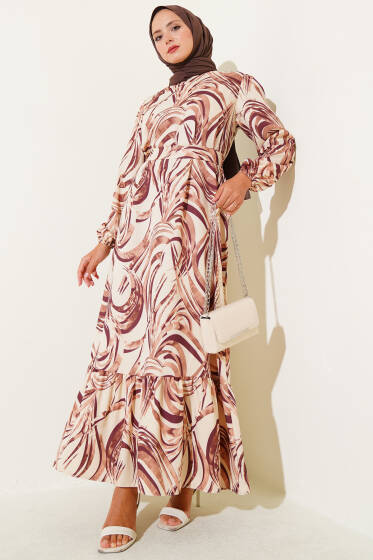 Karışık Desenli Volanlı Kuşaklı Elbise Kahve - Elbise