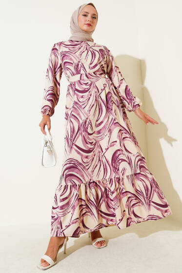 Karışık Desenli Volanlı Kuşaklı Elbise Mürdüm - Elbise