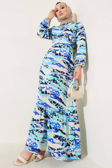 Karışık Desenli Yarım Düğmeli Elbise Mint - Elbise