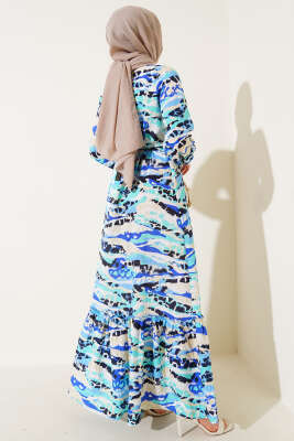 Karışık Desenli Yarım Düğmeli Elbise Mint - Tesettür Elbise