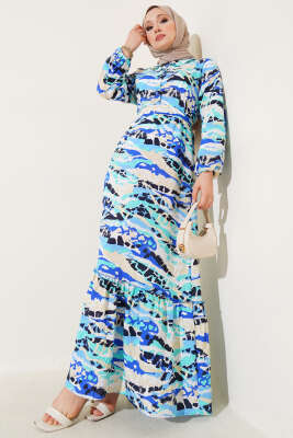 Karışık Desenli Yarım Düğmeli Elbise Mint 