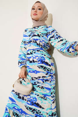 Karışık Desenli Yarım Düğmeli Elbise Mint - Tesettür Elbise