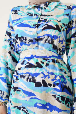 Karışık Desenli Yarım Düğmeli Elbise Mint - Tesettür Elbise