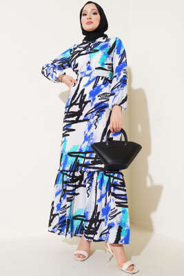 Karışık Desenli Yarım Düğmeli Elbise Saks - Tesettür Elbise