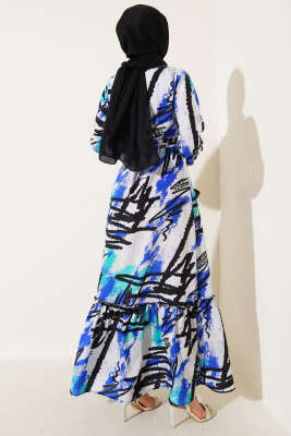 Karışık Desenli Yarım Düğmeli Elbise Saks - Tesettür Elbise