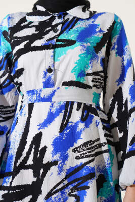 Karışık Desenli Yarım Düğmeli Elbise Saks - Tesettür Elbise