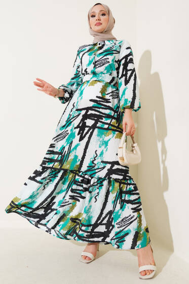 Karışık Desenli Yarım Düğmeli Elbise Yeşil - Elbise