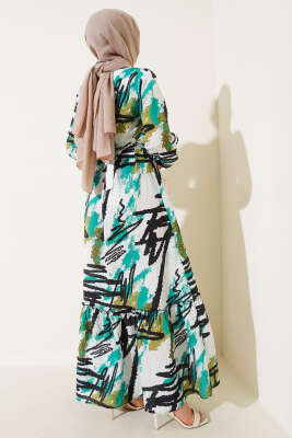 Karışık Desenli Yarım Düğmeli Elbise Yeşil - Tesettür Elbise
