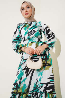 Karışık Desenli Yarım Düğmeli Elbise Yeşil - Tesettür Elbise