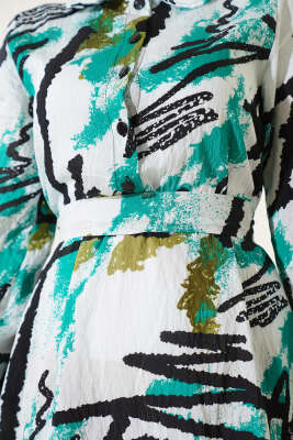 Karışık Desenli Yarım Düğmeli Elbise Yeşil - Tesettür Elbise