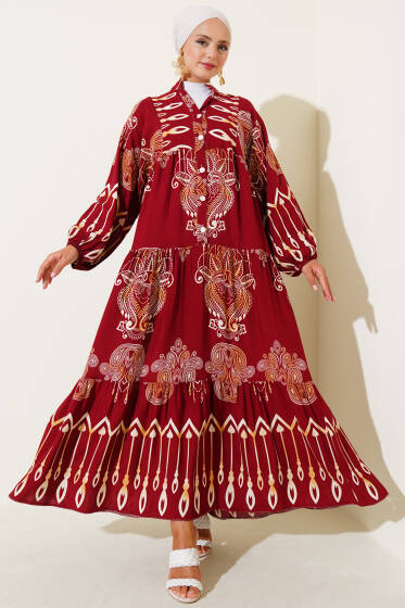 Karışık Desenli Yarım Düğmeli Viskon Elbise Bordo - Elbise