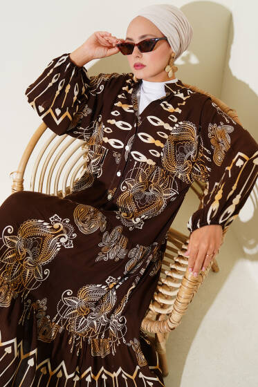 Karışık Desenli Yarım Düğmeli Viskon Elbise Kahve - Elbise